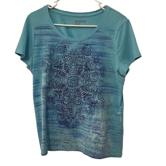 Chicos Women's Size 2 Tops Blue Studded Zenergy Cap Sleeve # 1089 - Picture 1 of 3